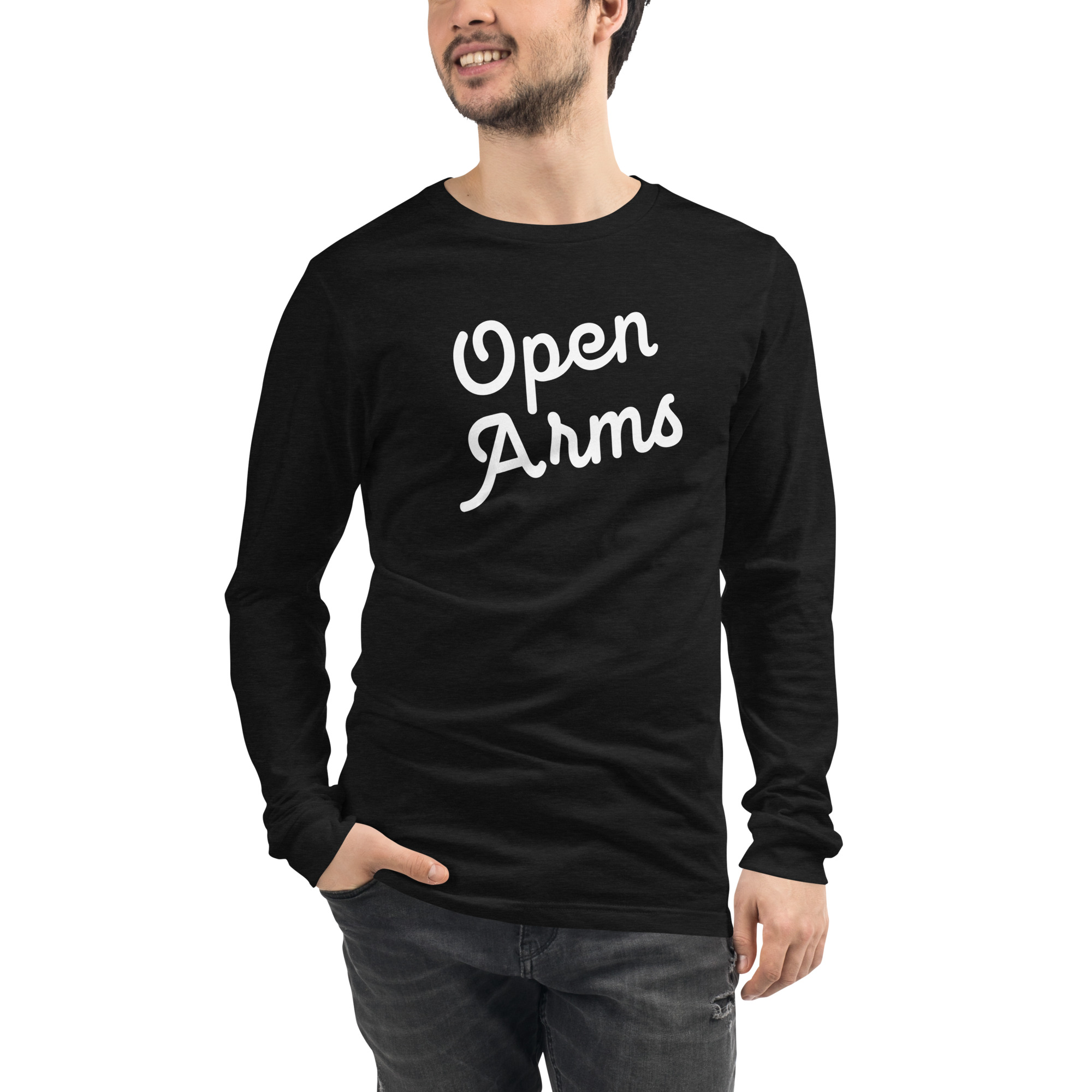 Open Arms Script Unisex Long Sleeve Tee Dark - Image 2