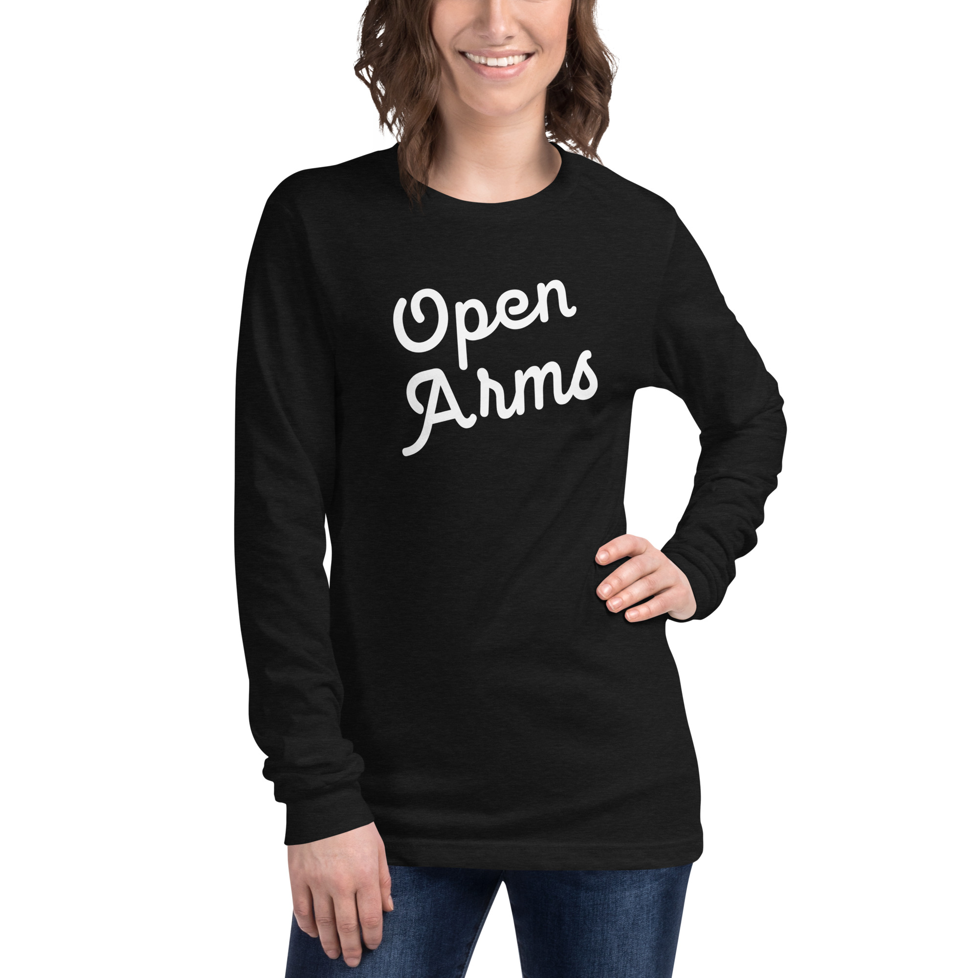 Open Arms Script Unisex Long Sleeve Tee Dark - Image 3